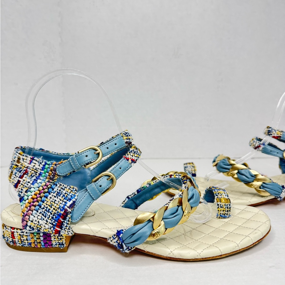 CHANEL Blue Tweed Toe Strap Sandals Size 38